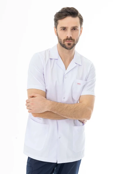 Gömlek Yaka Kısa Kol Erkek Doktor Önlüğü Alpaka Kumaş Beyaz (BEO106) ürün görseli 1