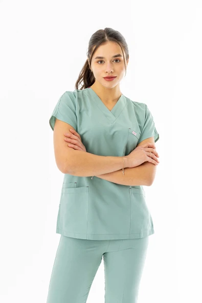 Terikoton Yarasa Kol Doktor Hemşire Forması Alt Üst Takım Küf Yeşili (TYRS0004) ürün görseli 1