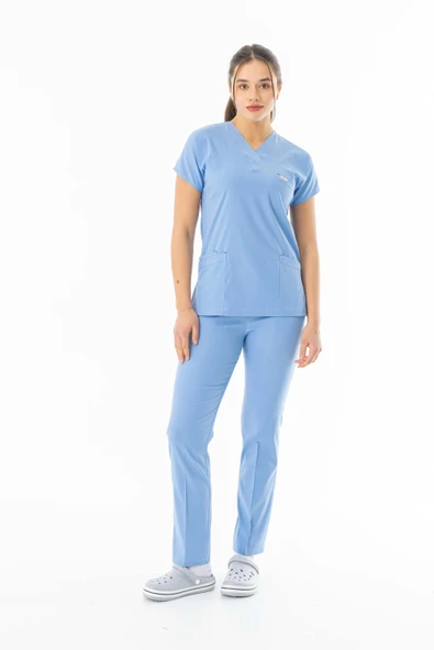 Likra Yarasa Kol Doktor Hemşire Forması Alt Üst Takım Açık Mavi (LYRS10013) ürün görseli 1
