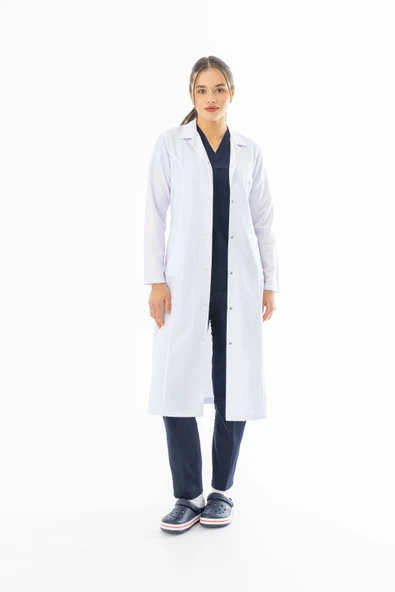 Gömlek Yaka 115 Boy Kadın Doktor Önlüğü Alpaka Kumaş Beyaz (BKO008) ürün görseli 1