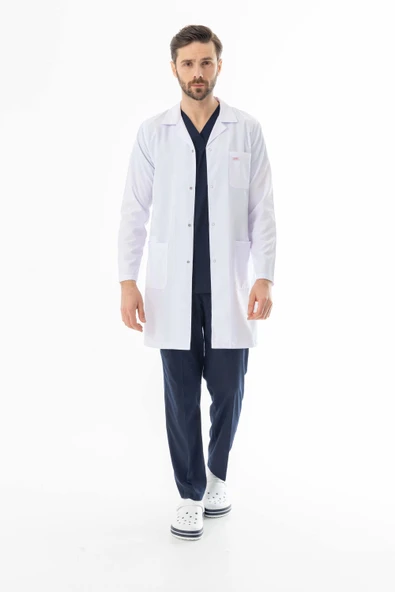 Gömlek Yaka Uzun Boy Erkek Doktor Önlüğü Alpaka Kumaş Beyaz (BEO102) ürün görseli 1