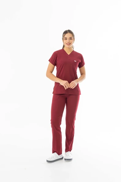 Likra Yarasa Kol Doktor Hemşire Forması Alt Üst Takım Bordo (LYRS1003) ürün görseli 1