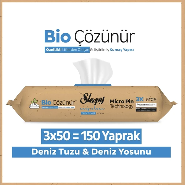 Sleepy Bio Çözünür Yüzey Temizlik Havlusu Deniz Tuzu&Yosun 3x50 (150 Yaprak) ürün görseli 1