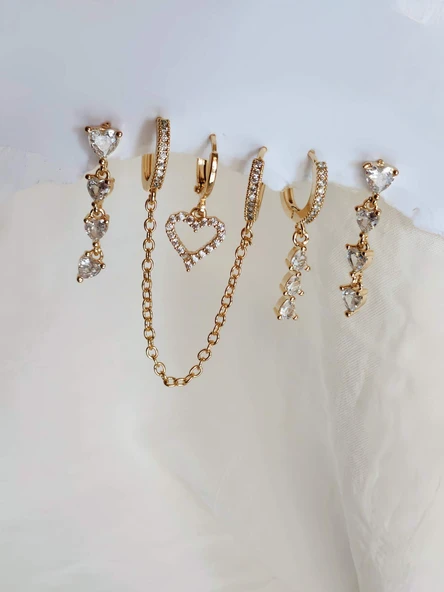 6'lı Kalp Baget Model Altın Kaplama Gold Küpe Seti ürün görseli 1