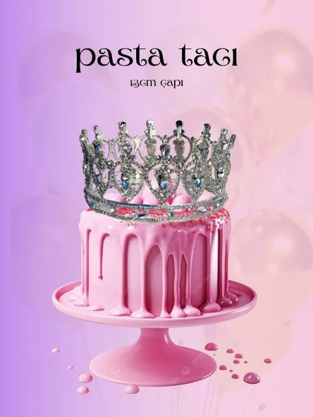 Pasta Tacı Doğum Günü Tacı Kraliçe Tacı Brithday Tacı Kına Düğün Damla Gümüş Kaplama 13cm ürün görseli 1