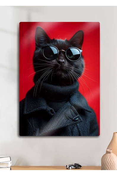 Stilist Gözlüklü Kedi, Cat - Metal Tablo ürün görseli 1