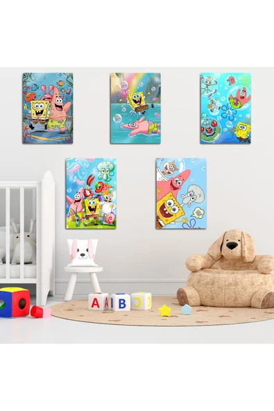 Metal Baskı - SüngerBob, Çocuk Bebek Odası, SpongeBob 5'li Set Tablo ürün görseli 1