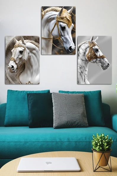 Metal Baskı - 3'lü Gold Arabian Horse - Dekoratif At Tablosu ürün görseli 1