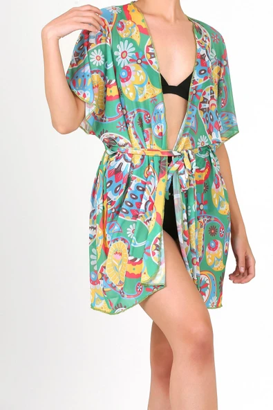 Pareo Plaj Elbisesi Kimono Std Yazlık Oversize Tül Gömlek Kemerli Elbise Şal Desen Yeşil ürün görseli 1