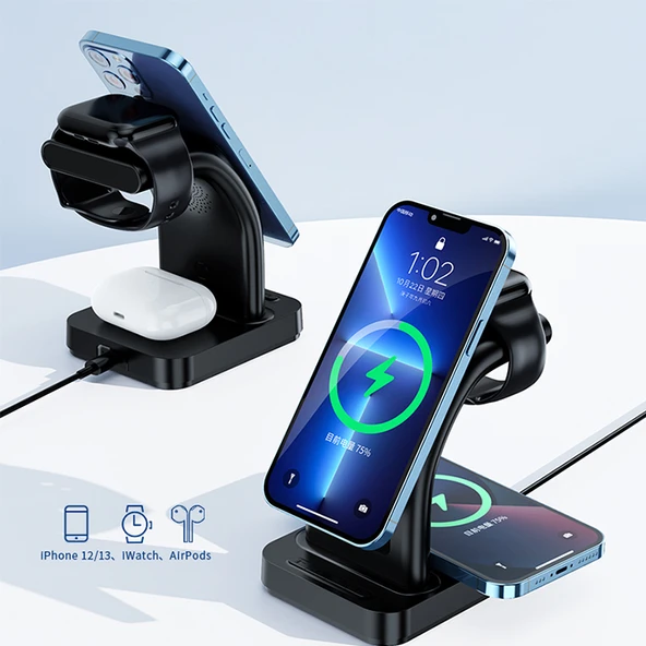 AuraCharge Station: 4 ü 1 Arada 15w Kablosuz Şarj ürün görseli 1
