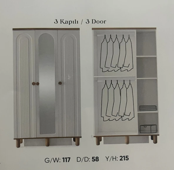 YAKUT MDF 3 KAPILI DOLAP ürün görseli 1