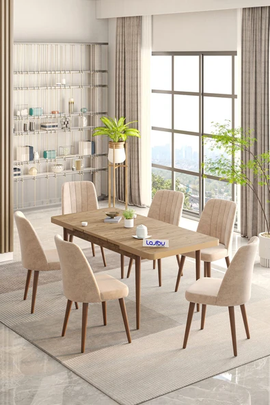 Lajibu Rex Serisi Çam 80x130 Açılır Yemek Masası , Yemek Masa Takımı  Metal Ayaklı 6 Cappucino Sandalye ürün görseli 1