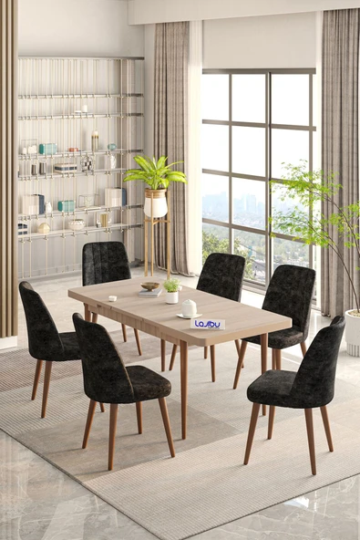 Lajibu Rex Serisi Sonomo 80x130 Açılır Yemek Masası , Yemek Masa Takımı Metal Ayaklı 6 Cappucino Sandalye ürün görseli 1