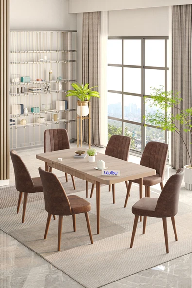 Lajibu Rex Serisi Sonomo 80x130 Açılır Yemek Masası , Yemek Masa Takımı Metal Ayaklı 6 Cappucino Sandalye ürün görseli 1