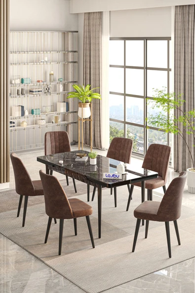 Lajibu Rex Serisi Siyah 80x130 Açılır Yemek Masası , Yemek Masa Takımı Metal Ayaklı 6 Kahve Sandalye ürün görseli 1