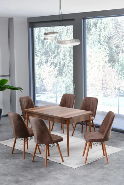 Lajibu Esila Serisi 80x130 Açılabilir Barok Mutfak Masası, Mutfak Masa Takımı, 6 Kahverengi Sandalye ürün görseli 1