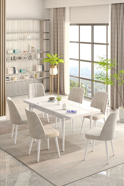 Lajibu Rex Serisi Beyaz 80x130 Açılır Yemek Masası , Yemek Masa Takımı  Metal Ayaklı 6 Krem Sandalye ürün görseli 1
