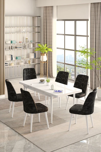 Lajibu Rex Serisi Beyaz 80x130 Açılır Yemek Masası , Yemek Masa Takımı  Metal Ayaklı 6 Siyah Sandalye ürün görseli 1
