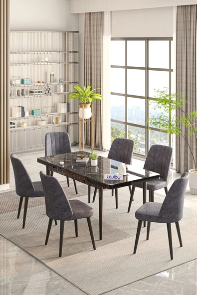 Lajibu Rex Serisi Siyah 80x130 Açılır Yemek Masası , Yemek Masa Takımı Metal Ayaklı 6 Gri Sandalye ürün görseli 1