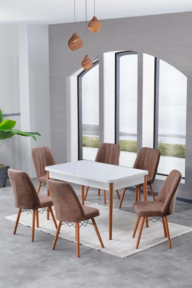 Lajibu Esila Serisi 80x130 Açılabilir Beyaz Mutfak Masası, Mutfak Masa Takımı, 6 Kahverengi Sandalye ürün görseli 1