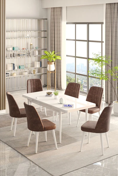 Lajibu Rex Serisi Beyaz 80x130 Açılır Yemek Masası , Yemek Masa Takımı  Metal Ayaklı 6 Kahve Sandalye ürün görseli 1