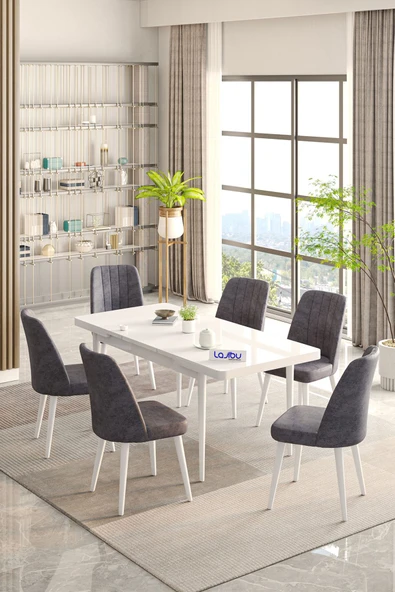 Lajibu Rex Serisi Beyaz 80x130 Açılır Yemek Masası , Yemek Masa Takımı  Metal Ayaklı 6 Gri Sandalye ürün görseli 1