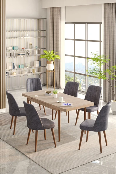 Lajibu Rex Serisi Sonomo 80x130 Açılır Yemek Masası , Yemek Masa Takımı Metal Ayaklı 6 Cappucino Sandalye ürün görseli 1