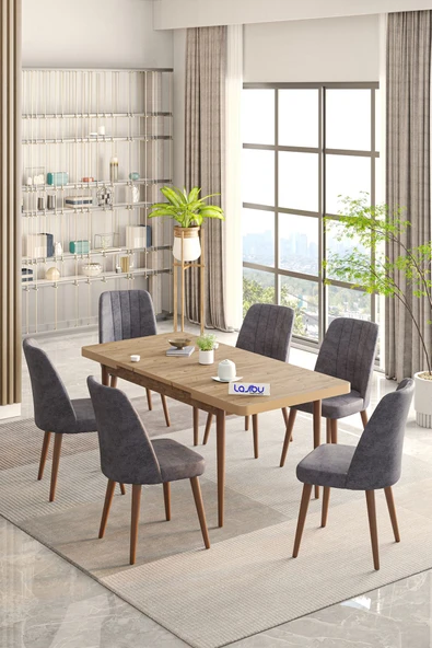 Lajibu Rex Serisi Çam 80x130 Açılır Yemek Masası , Yemek Masa Takımı  Metal Ayaklı 6 Cappucino Sandalye ürün görseli 1