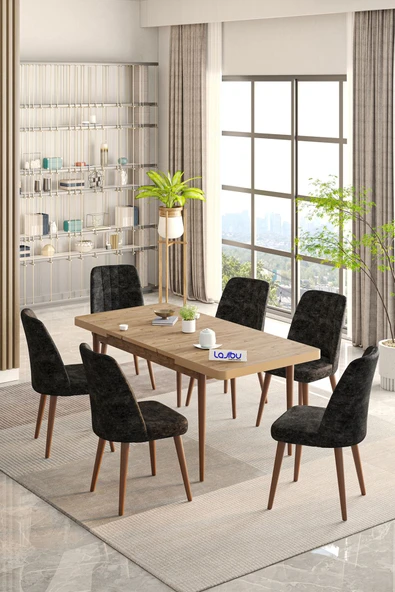 Lajibu Rex Serisi Çam 80x130 Açılır Yemek Masası , Yemek Masa Takımı  Metal Ayaklı 6 Cappucino Sandalye ürün görseli 1