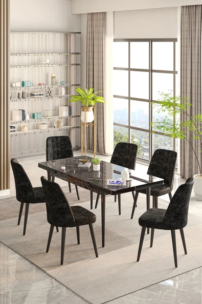 Lajibu Rex Serisi Siyah 80x130 Açılır Yemek Masası , Yemek Masa Takımı Metal Ayaklı 6 Siyah Sandalye ürün görseli 1
