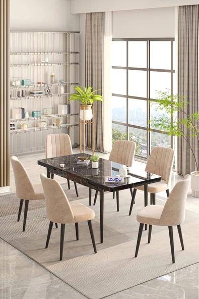 Lajibu Rex Serisi Siyah 80x130 Açılır Yemek Masası , Yemek Masa Takımı Metal Ayaklı 6 Cappucino Sandalye ürün görseli 1