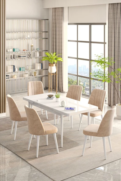 Lajibu Rex Serisi Beyaz 80x130 Açılır Yemek Masası , Yemek Masa Takımı  Metal Ayaklı 6 Cappucino Sandalye ürün görseli 1