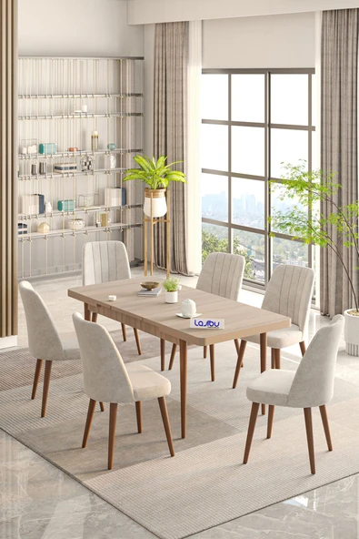Lajibu Rex Serisi Sonomo 80x130 Açılır Yemek Masası , Yemek Masa Takımı Metal Ayaklı 6 Cappucino Sandalye ürün görseli 1