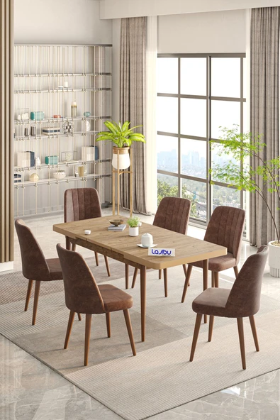 Lajibu Rex Serisi Çam 80x130 Açılır Yemek Masası , Yemek Masa Takımı  Metal Ayaklı 6 Cappucino Sandalye ürün görseli 1