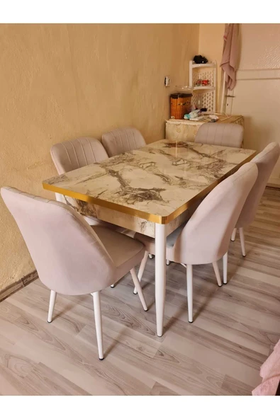 Lajibu %100 Mdf Açılabilir Masa Sandalye Takımı 6 Kişilik Yemek Masası Takımı Masa Sandalye ürün görseli 1