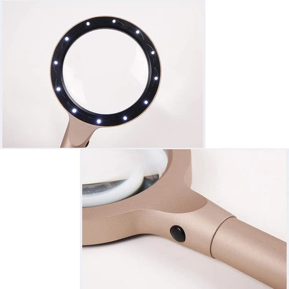 12 Led Işıklı 10X Büyüteç Yaşlılar Ve Çocuklar Için Okuma Saplı Metal Büyüteç 8013 ürün görseli 1