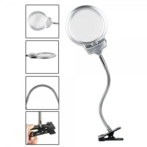 2.5X130 Mm 5X24 Mm Led Aydınlatmalı Büyüteç Masa Üstü Metal Hortum Mandallı Mg15124-C ürün görseli 1