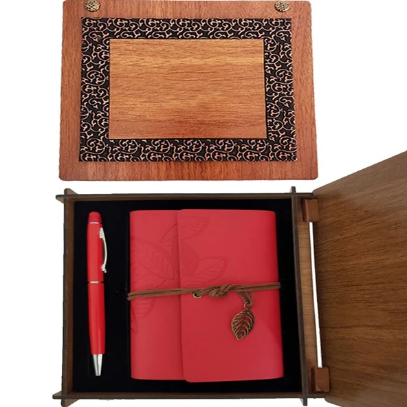 Ahşap Kutulu Kırmızı Deri Defter ve Metal Kalem Set ürün görseli 1