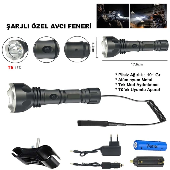 Orjinal 600 Lümen Tx6 Şarjlı Özel Avcı Feneri Watton Wt-253 ürün görseli 1