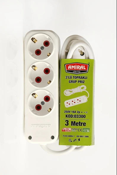 3 lü Topraklı Anahtarlı 3 Metre Kablolu Grup Priz ürün görseli 1