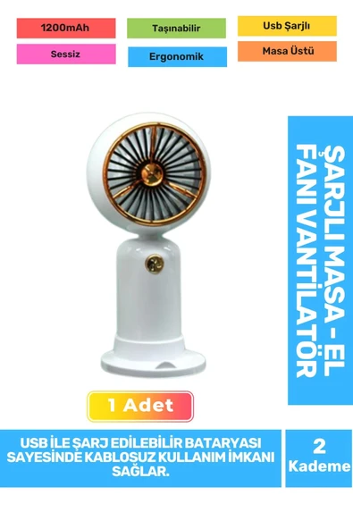 Sessiz 2 Kademeli Hafif Kablosuz 1200mAh Pervaneli Taşınabilir Usb Şarjlı Masa El Fanı Vantilatör ürün görseli 1