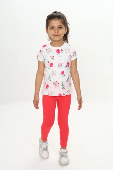 Toontoy Kız Çocuk 2'li Takım Baskılı Bisiklet Yaka T-Shirt & Beli Lastikli Tayt ürün görseli 1