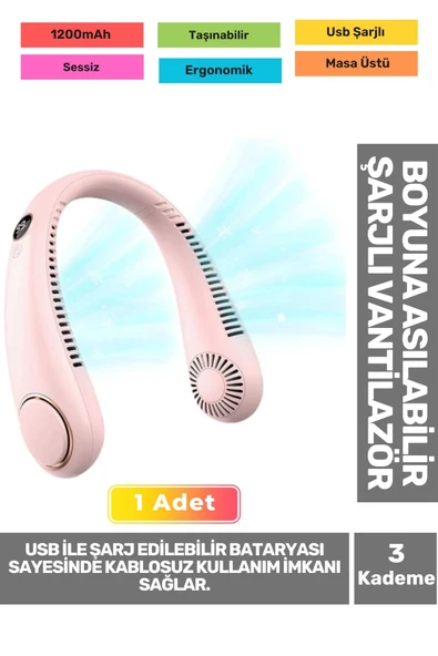 Premium Sessiz Sarı Eller Serbest Boyuna Asılabilir Şarjlı 3 Kademeli Vantilatör Klima Soğutucu Fan ürün görseli 1