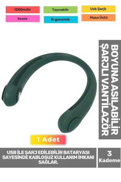 Premium Sessiz Sarı Eller Serbest Boyuna Asılabilir Şarjlı 3 Kademeli Vantilatör Klima Soğutucu Fan ürün görseli 1