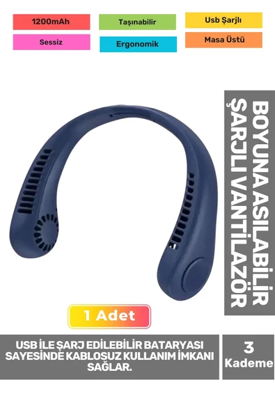 Premium Sessiz Sarı Eller Serbest Boyuna Asılabilir Şarjlı 3 Kademeli Vantilatör Klima Soğutucu Fan ürün görseli 1
