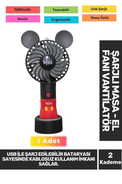 Sessiz 2 Kademeli Hafif Kablosuz 1200mAh Pervaneli Taşınabilir Usb Şarjlı Masa El Fanı Vantilatör ürün görseli 1