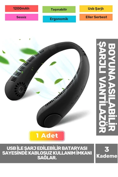 Premium Sessiz Sarı Eller Serbest Boyuna Asılabilir Şarjlı 3 Kademeli Vantilatör Klima Soğutucu Fan ürün görseli 1