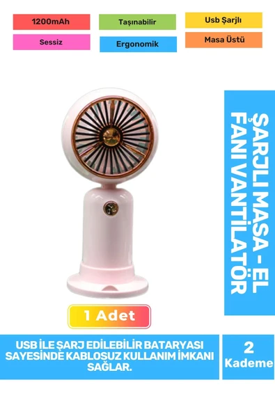 Sessiz 2 Kademeli Hafif Kablosuz 1200mAh Pervaneli Taşınabilir Usb Şarjlı Masa El Fanı Vantilatör ürün görseli 1