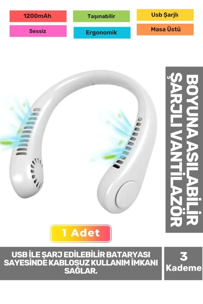 Premium Sessiz Sarı Eller Serbest Boyuna Asılabilir Şarjlı 3 Kademeli Vantilatör Klima Soğutucu Fan ürün görseli 1