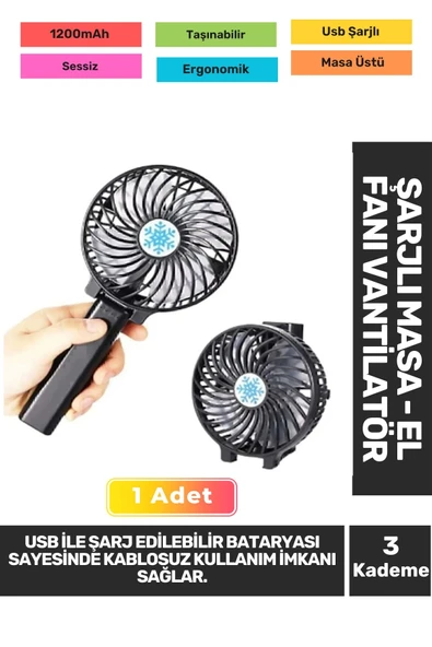 Sessiz 3 Kademeli Hafif Kablosuz 1200mAh Pervaneli Taşınabilir Usb Şarjlı Masa El Fanı Vantilatör ürün görseli 1